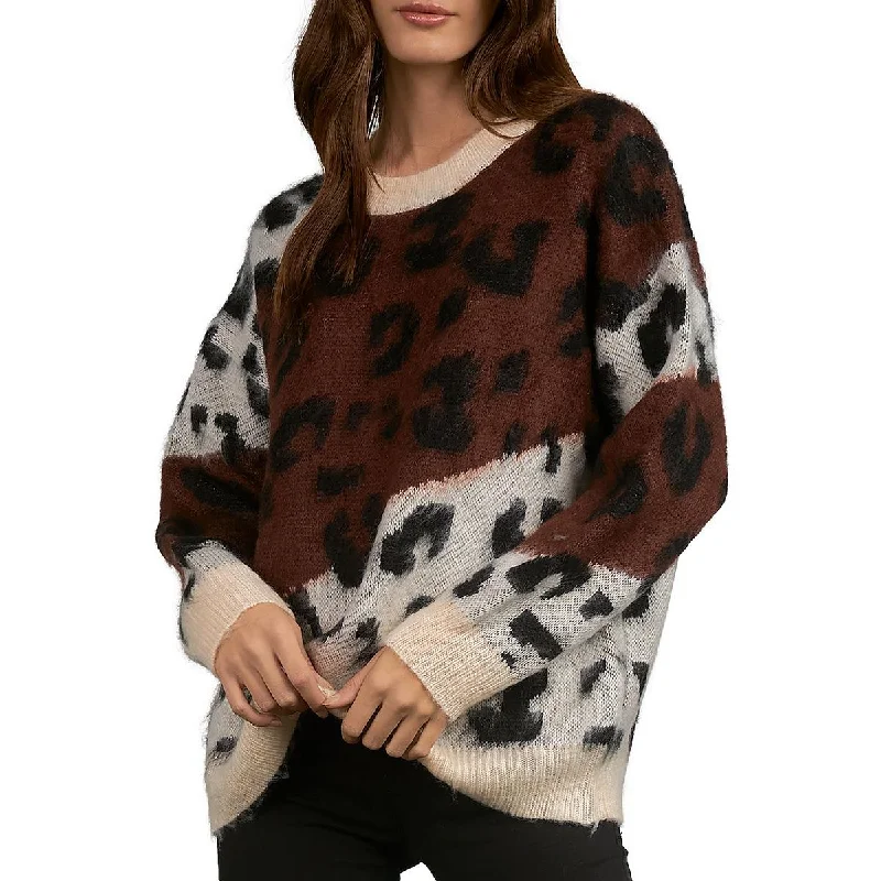 Elan Womens Leopard Print Crewneck Pullover Sweater