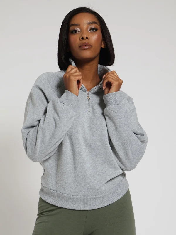 Fleece Zip Funnel Neck Sweater - Grey Melange