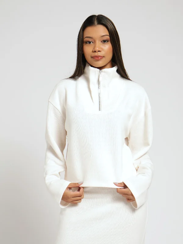 Luna Ribknit Roll Neck Top With ¼ Zip - Bone