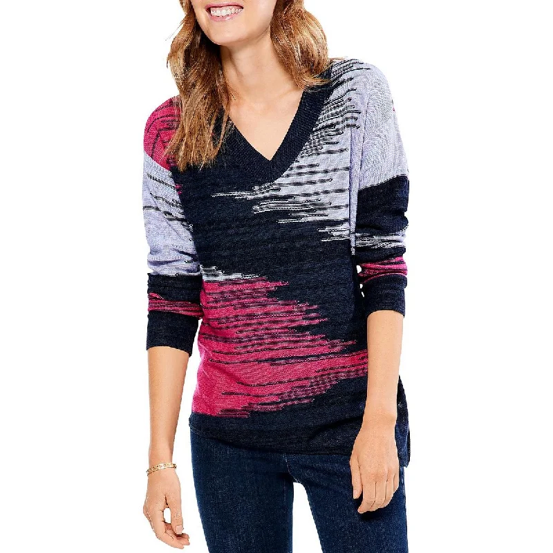 Nic + Zoe Womens Pattern Knit V-Neck Sweater