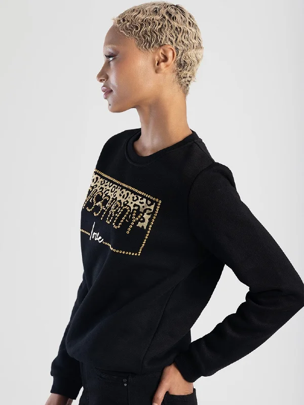 Printed & Gold Stud Logo Sweat Top - Black