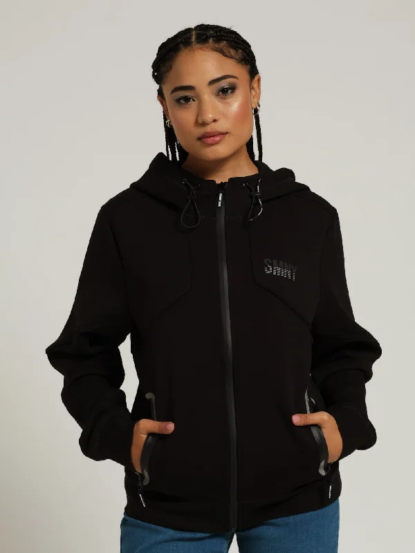 Scuba Zip Through Hooded Sweater Top - Black