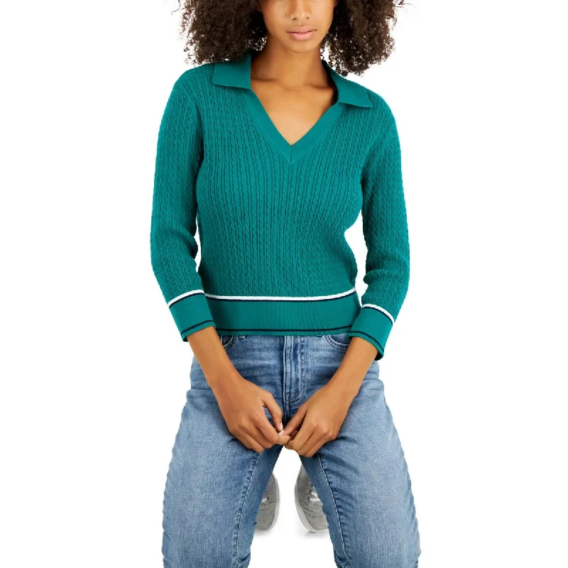 Tommy Hilfiger Womens Cable Knit Collared V-Neck Sweater