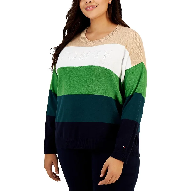 Tommy Hilfiger Womens Plus Colorblock Logo Crewneck Sweater