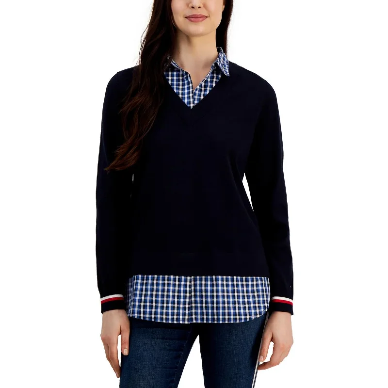 Tommy Hilfiger Womens Plus Plaid Trim Cozy Pullover Sweater