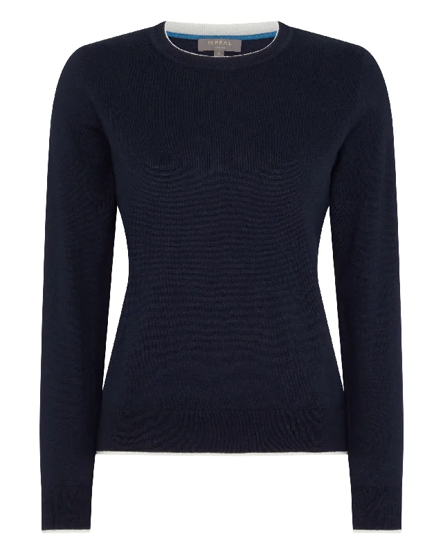 Women's Cotton Cashmere Round Neck Sweater Navy Blue