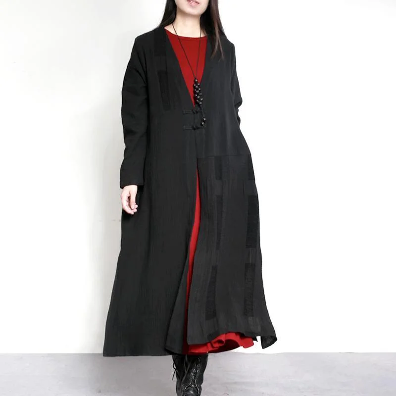 2017 vintage black casual linen coat oversize winter cozy Chinese Button maxi trench coats