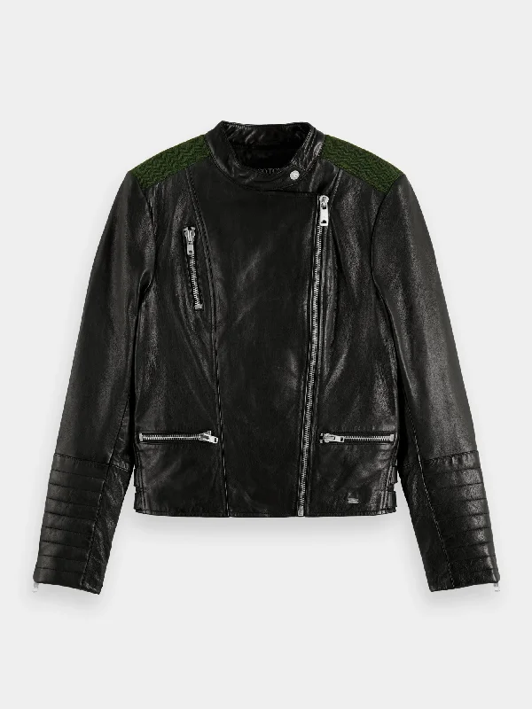 Asymmetric leather biker jacket