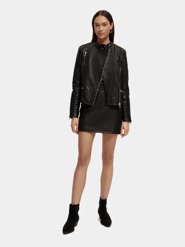 Asymmetric leather biker jacket