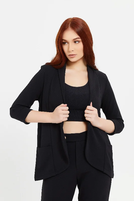 Women Black Rolled Sleeve Blazer