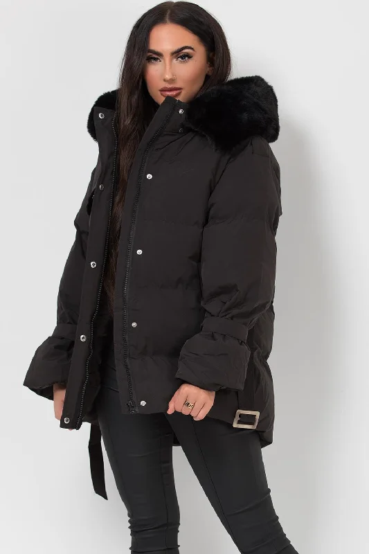 Black Puffer Padded Coat With Faux Fur Hood