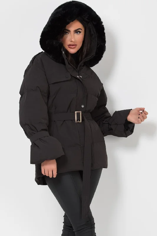 Black Puffer Padded Coat With Faux Fur Hood