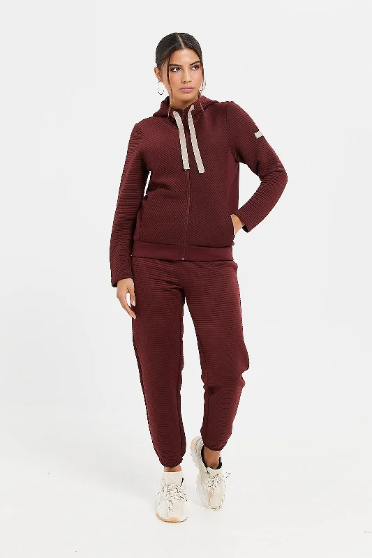 Women Burgundy Hooded Zipper Sweatshirt