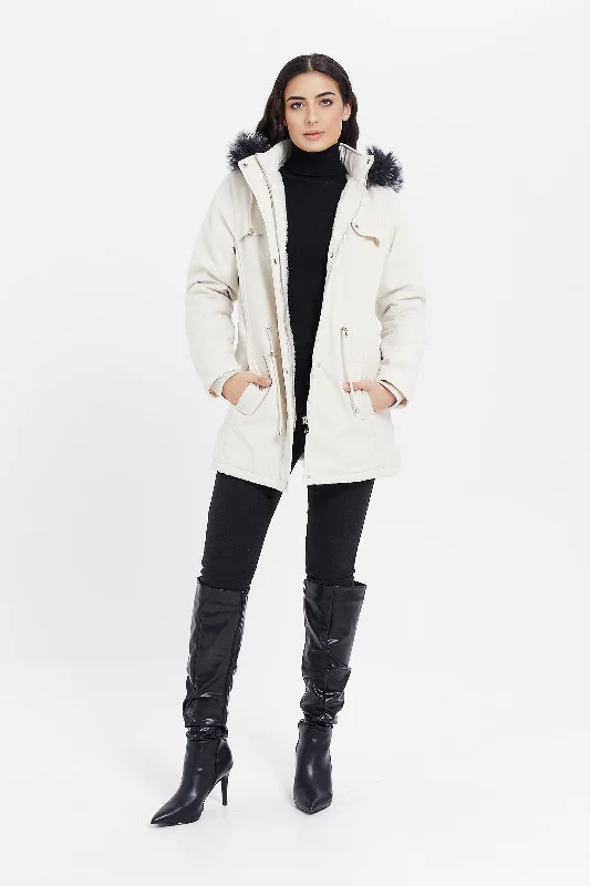 Women Ecru Hooded Twill Coat