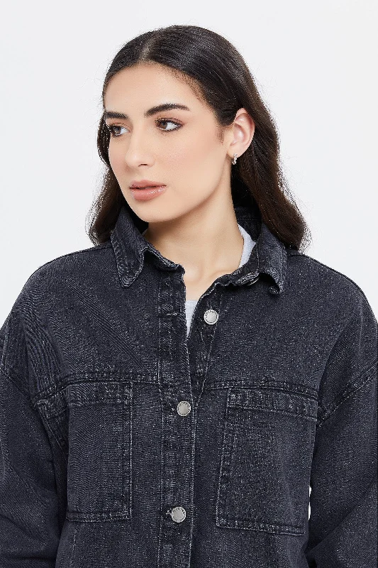 Women Grey Oversized Denim Biker Jacket