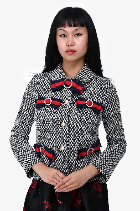 Gucci Black/White Tweed Web Crystal/Bow Embellished Jacket Size 36