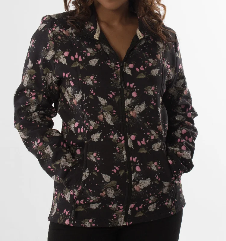 LADIES SOFTSHELL JACKETS – FUNNEL NECK – BLACK FLORAL PRINT