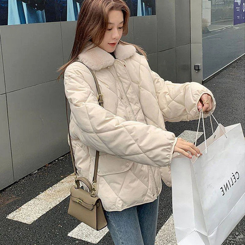 Loose Rhombus Bread Coat Stitching Fur Collar Warm Thickened Cotton-padded Jacket Coat For Women