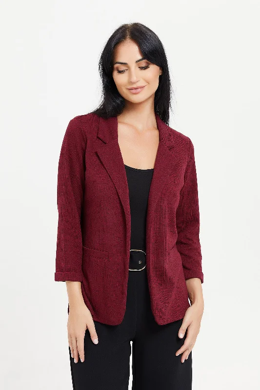 Women Red Textured Long Sleeve Blazer