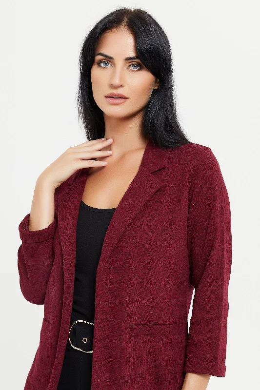 Women Red Textured Long Sleeve Blazer