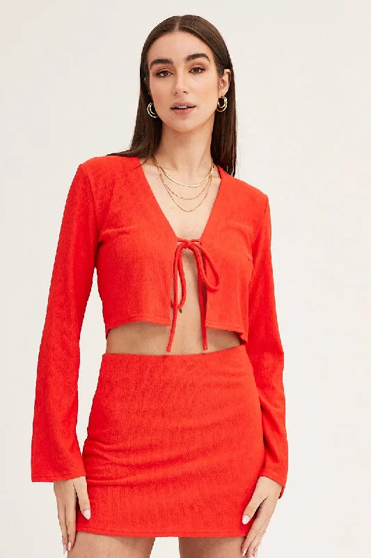 Red Long Sleeve Tie Front Textured Tie Top