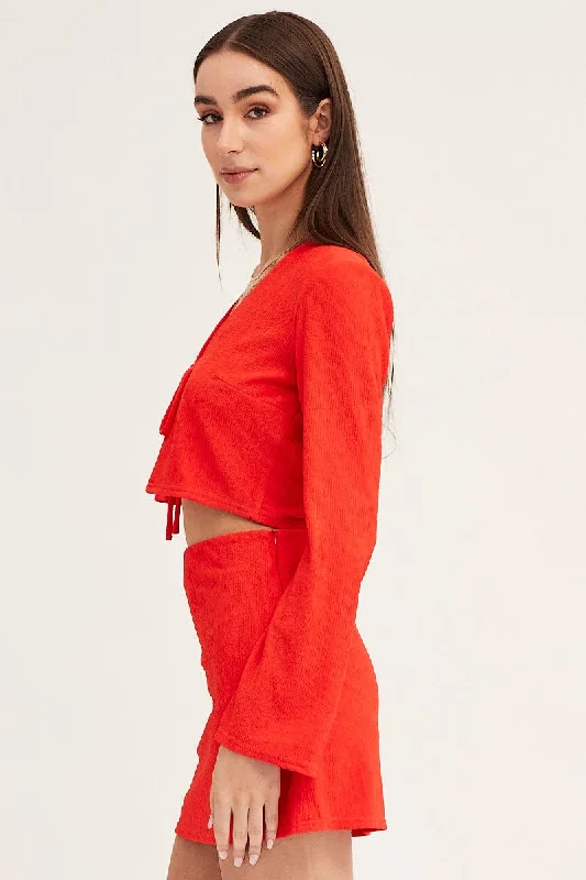 Red Long Sleeve Tie Front Textured Tie Top