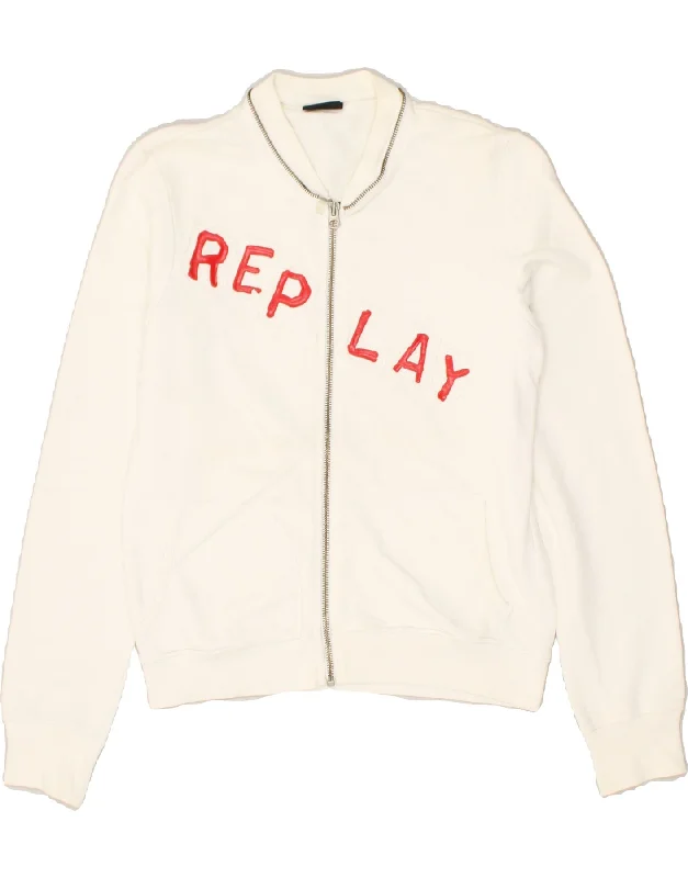 REPLAY Womens Graphic Tracksuit Top Jacket UK 12 Medium White Cotton