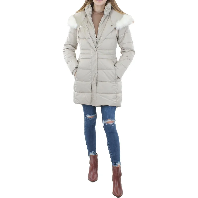 Tahari Stefani Women's Quilted Mid-Length Puffer Coat With Faux Fur Trim Hood