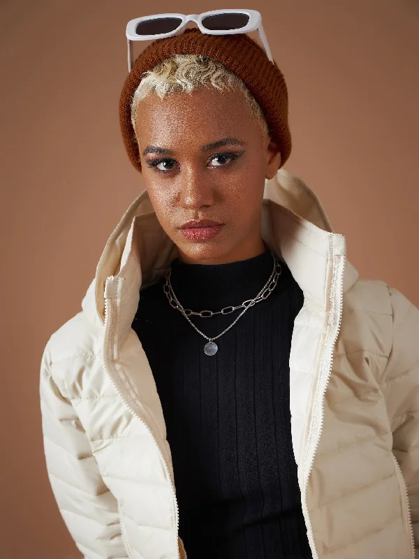 Women Beige Hooded Crop Bomber Jacket