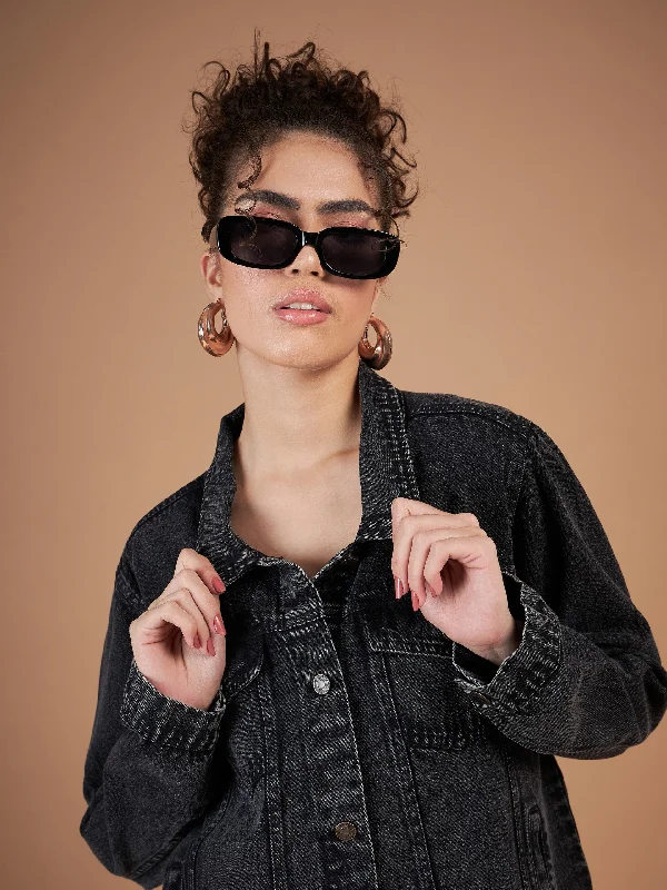 Women Black Washed Denim Regular Jacket