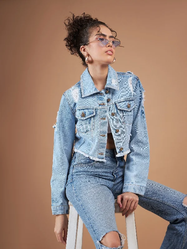 Women Ice Blue Distressed Denim Crop Jacket