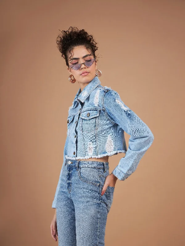 Women Ice Blue Distressed Denim Crop Jacket