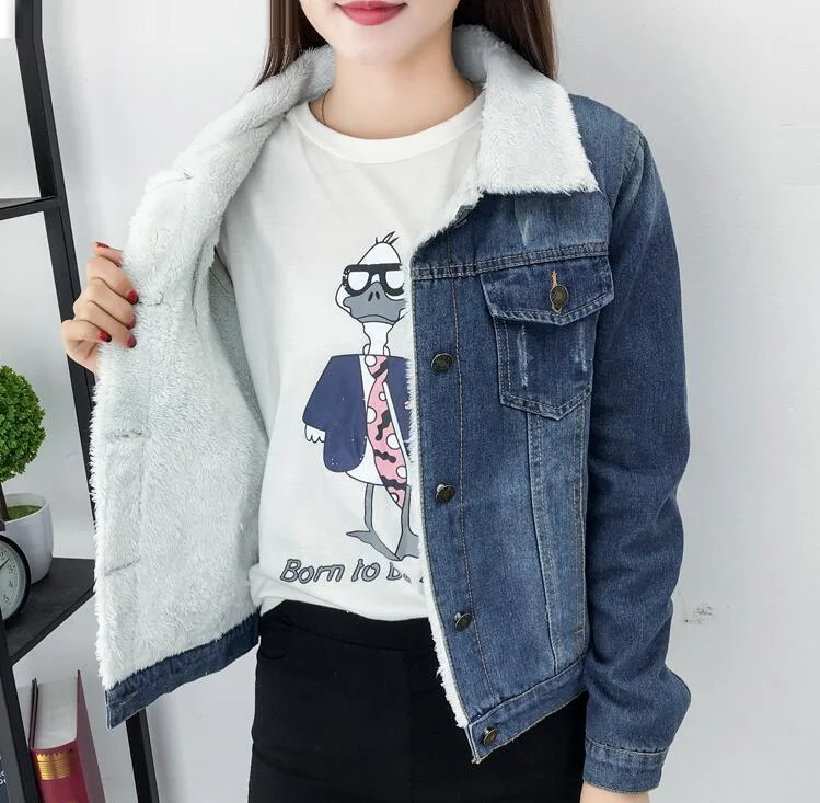 Women lambswool With 4 Pockets Long Sleeves Denim Jacket