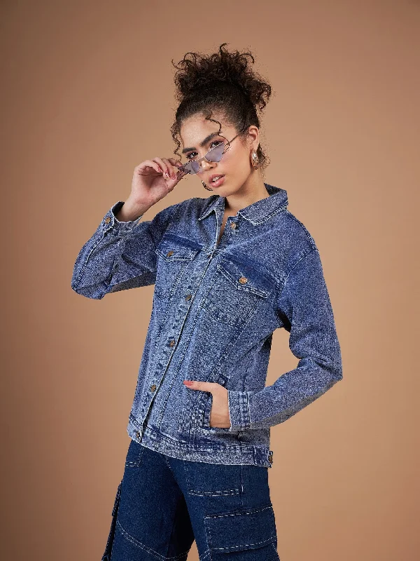 Women Navy Washed Denim Oversized Jacket