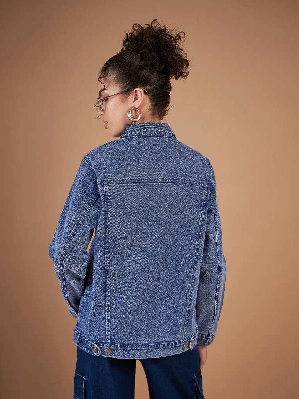 Women Navy Washed Denim Oversized Jacket