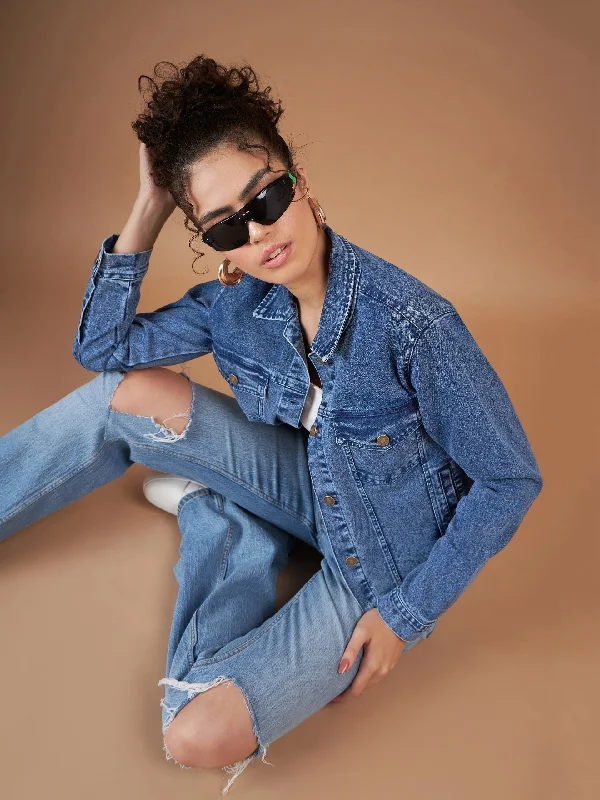 Women Navy Washed Denim Regular Jacket