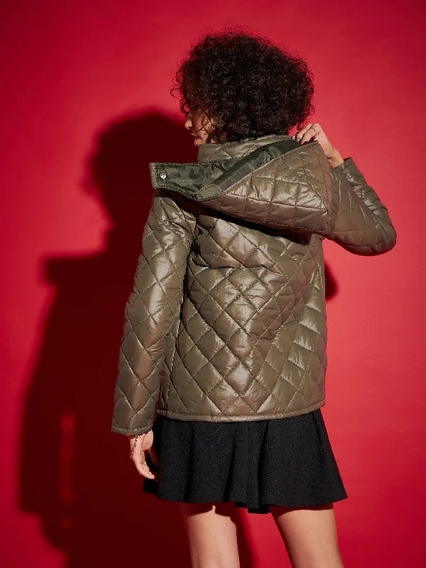 Women Olive Diamond Quilted Hooded Puffer Jacket