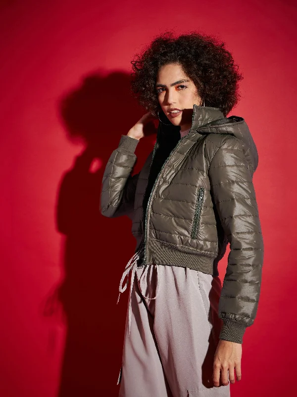 Women Olive Hooded Crop Bomber Jacket