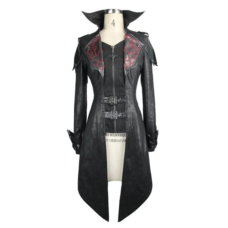 Women's Asymmetric Hem Hooded Goth Coat with Leather Details