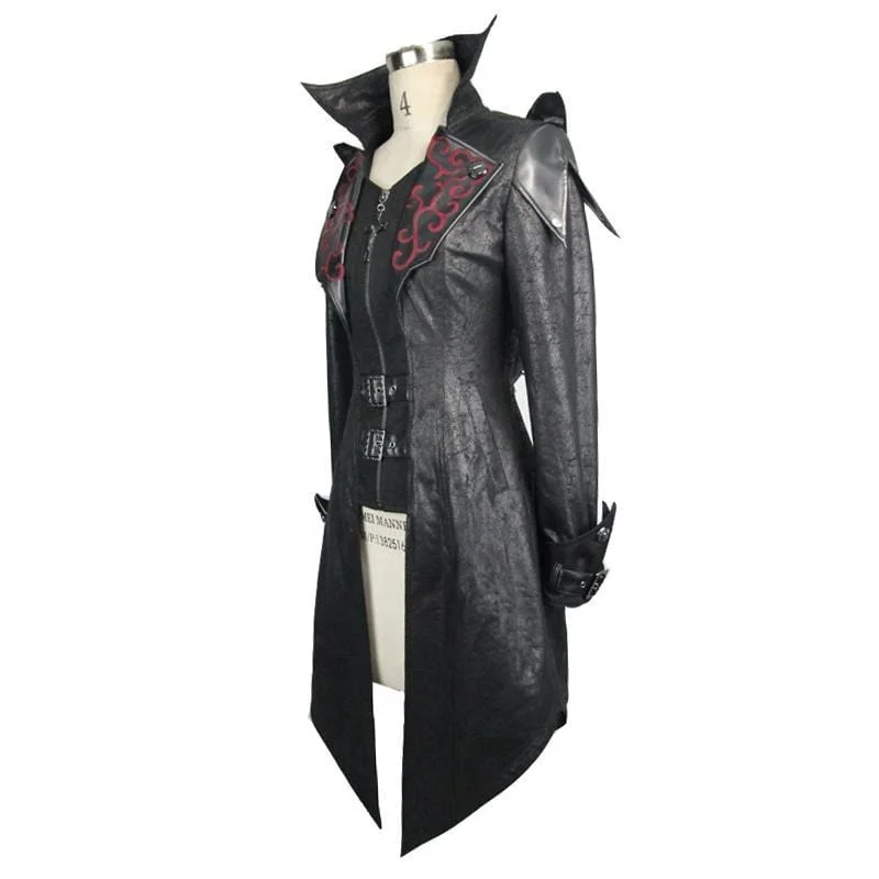 Women's Asymmetric Hem Hooded Goth Coat with Leather Details