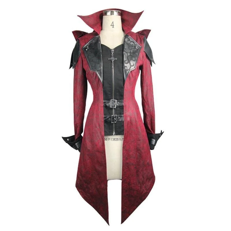 Women's Asymmetric Hem Hooded Goth Coat with Leather Details