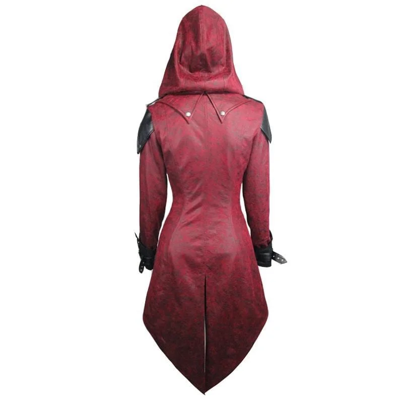 Women's Asymmetric Hem Hooded Goth Coat with Leather Details