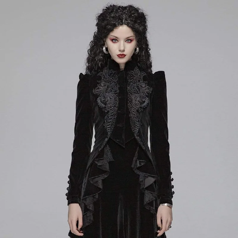 Women's Goth Floral Embroideried Puff Sleeved Velet Short Jackets