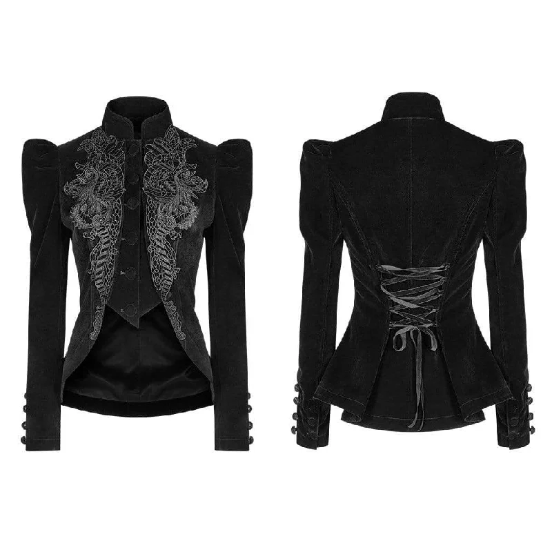 Women's Goth Floral Embroideried Puff Sleeved Velet Short Jackets