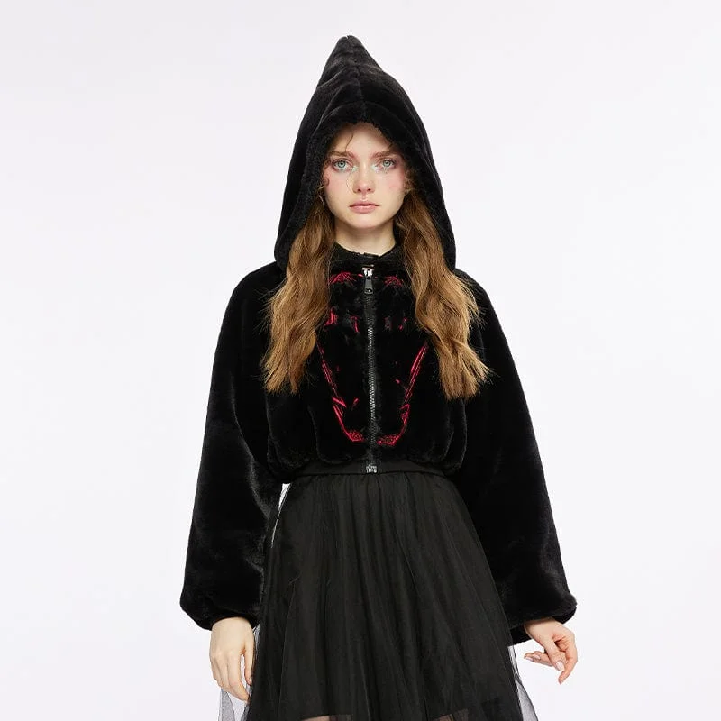 Women's Grunge Spider Web Embroidered Fluffy Coat