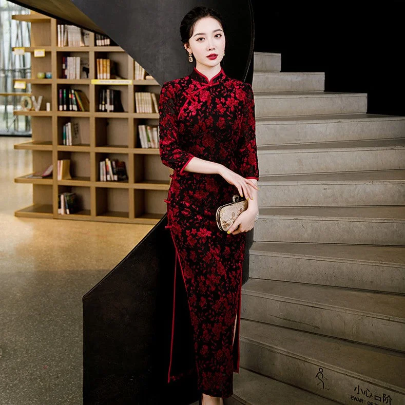 3/4 Sleeve Full Length Traditional Cheongsam Floral Velvet Chinese Dress