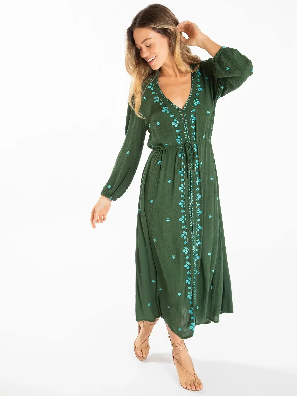 Brae Embroidered Midi Dress - Dark Sage