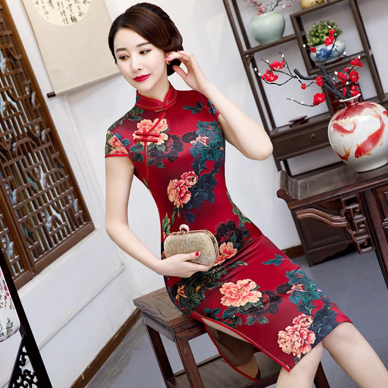 Cap Sleeve Knee Length Floral Silk Cheongsam Chinese Dress with Lining