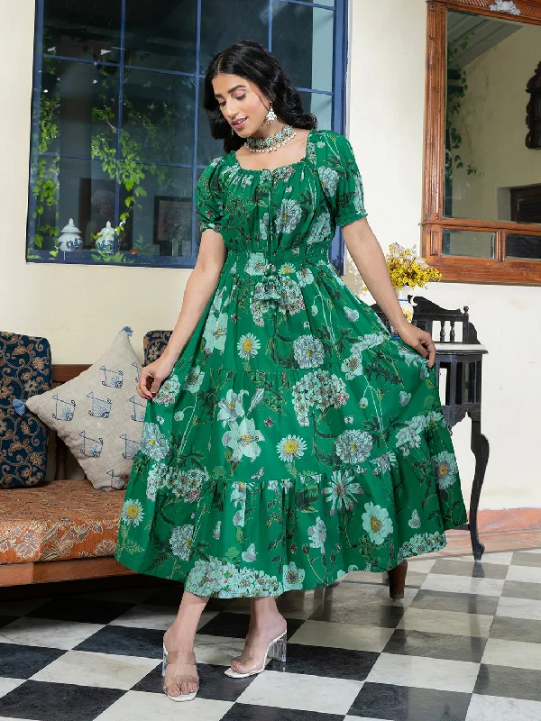 Floral Printed Puff Sleeve Smocked Cotton Tiered Fit & Flare  Dresses