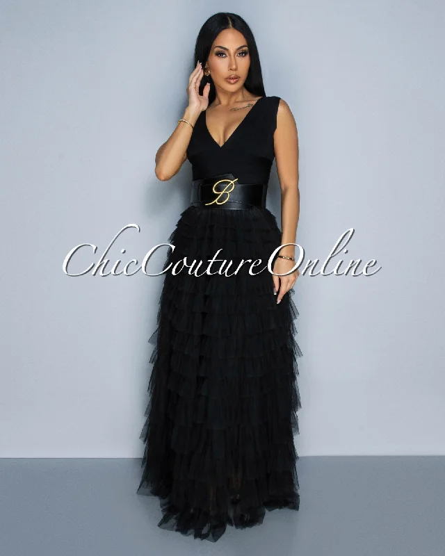 Delphina V Neck Bandage Gold Accent Belt Tulle Dress